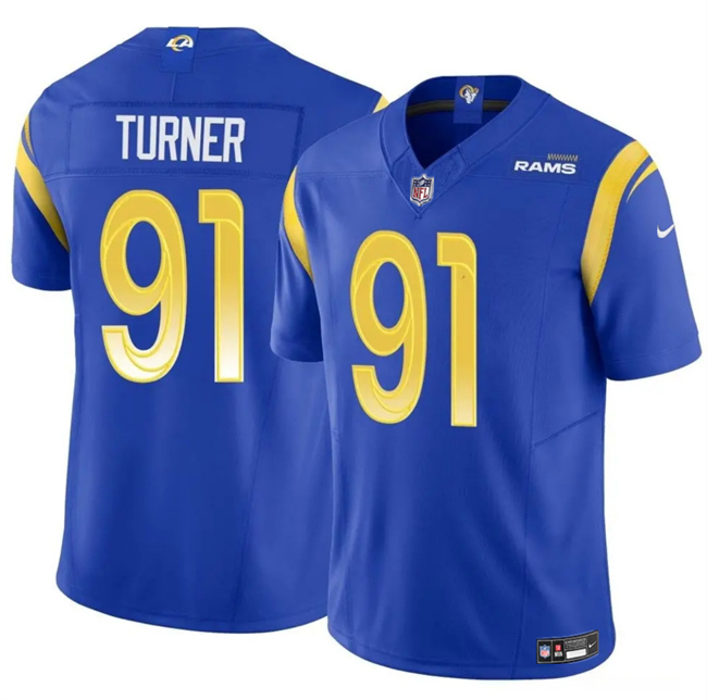 Personalized Men’s Los Angeles Rams #91 Kobie Turner Blue 2025 F.U.S.E. Untouchable Stitched Football Jersey