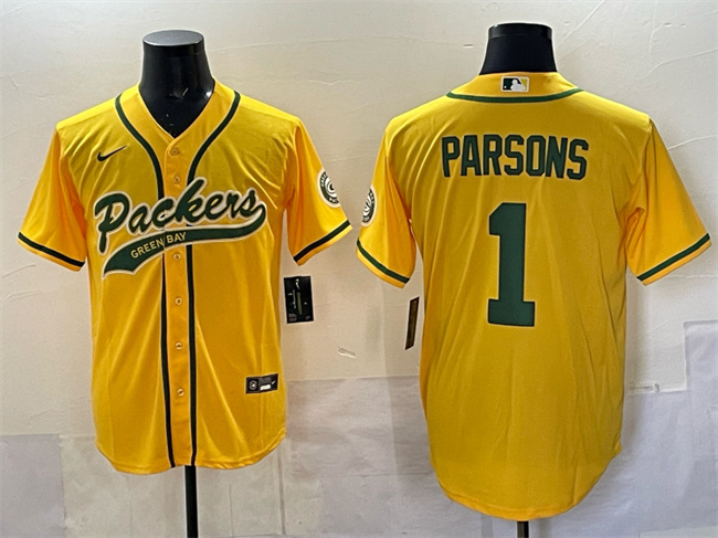 Personalized Men’s Green Bay Packers #1 Micah Parsons Gold Cool Base Stitched Baseball Jersey