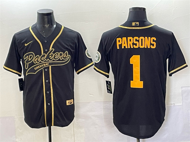Personalized Men’s Green Bay Packers #1 Micah Parsons Black Gold Cool Base Stitched Baseball Jersey