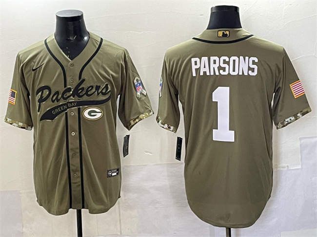 Personalized Men’s Green Bay Packers #1 Micah Parsons Olive Salute to Service Cool Base Stitched Baseball Jersey