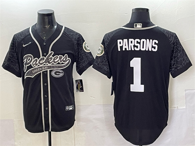 Personalized Men’s Green Bay Packers #1 Micah Parsons Black Reflective With Patch Cool Base Stitched Baseball Jersey