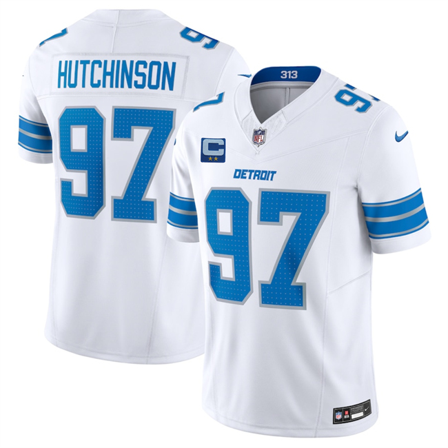 Personalized Men’s Detroit Lions #97 Aidan Hutchinson White 2025 F.U.S.E. With 2-Star C Patch Limited Stitched Jersey