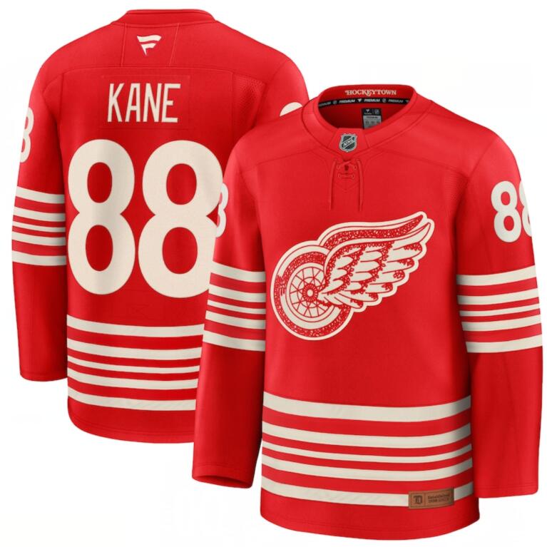Personalized Men’s Detroit Red Wings #88 Patrick Kane Red 2025 Centennial Premium Stitched Hockey Jersey