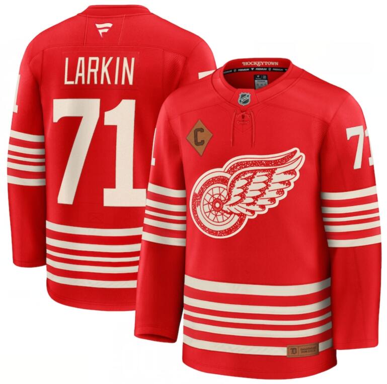 Personalized Men’s Detroit Red Wings #71 Dylan Larkin Red 2025 With C Patch Centennial Premium Stitched Hockey Jersey
