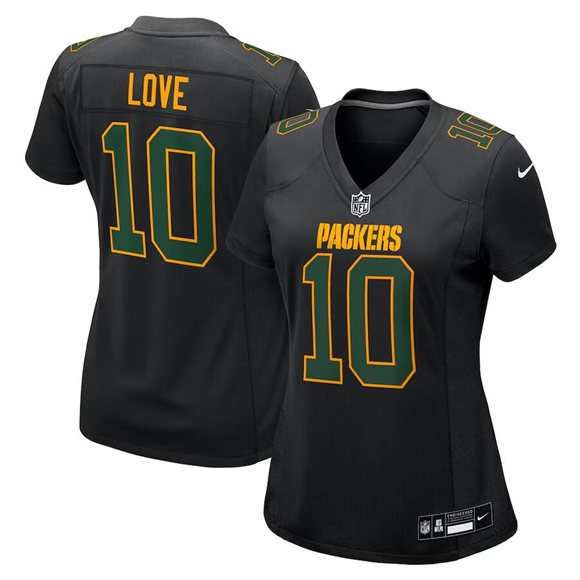Personalized Women’s Green Bay Packers #10 Jordan Love Black Fashion Stitched Game Jersey(Run Small)