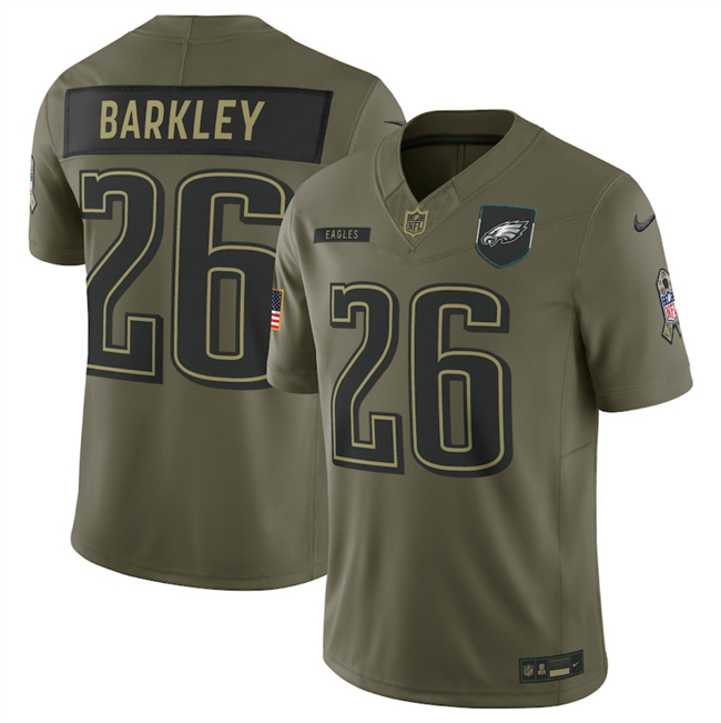 Personalized Men’s Philadelphia Eagles #26 Saquon Barkley Olive 2025 Salute to Service Limited Stitched Football Jersey