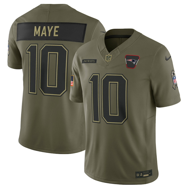 Personalized Men’s New England Patriots #10 Drake Maye Olive 2025 Salute to Service Limited Stitched Football Jersey