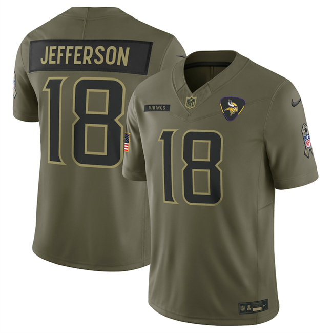 Personalized Men’s Minnesota Vikings #18 Justin Jefferson Olive 2025 Salute to Service Limited Stitched Football Jersey