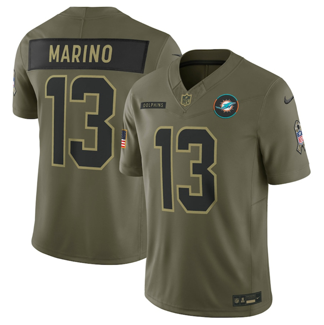 Personalized Men’s Miami Dolphins #13 Dan Marino Olive 2025 Salute to Service Limited Stitched Football Jersey