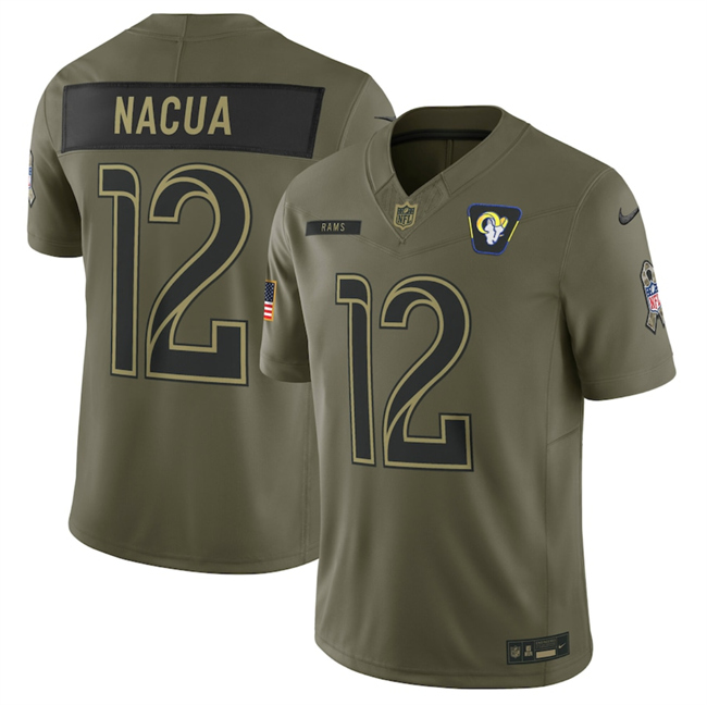 Personalized Men’s Los Angeles Rams #12 Puka Nacua Olive 2025 Salute to Service Limited Stitched Football Jersey