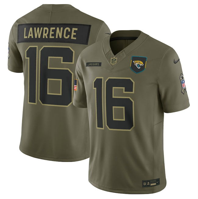 Personalized Men’s Jacksonville Jaguars #16 Trevor Lawrence Olive 2025 Salute to Service Limited Stitched Football Jersey