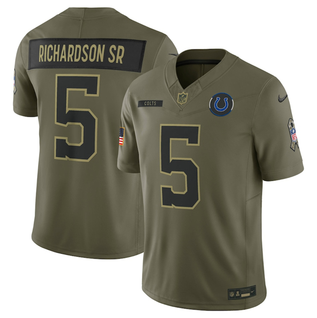 Personalized Men’s Indianapolis Colts #5 Anthony Richardson Olive 2025 Salute to Service Limited Stitched Football Jersey