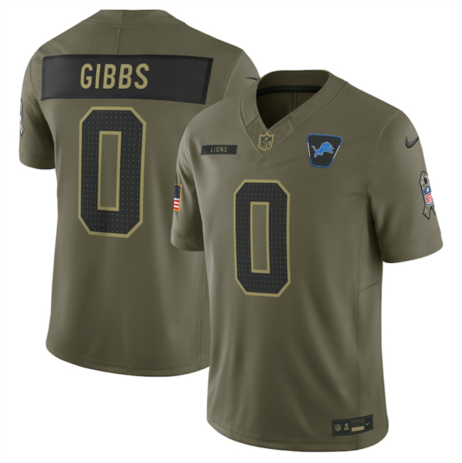 Personalized Men’s Detroit Lions #0 Jahmyr Gibbs Olive 2025 Salute to Service Limited Stitched Football Jersey