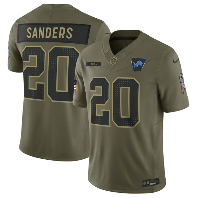 Personalized Men’s Detroit Lions #20 Barry Sanders Olive 2025 Salute to Service Limited Stitched Football Jersey