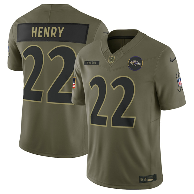 Personalized Men’s Baltimore Ravens #22 Derrick Henry Olive 2025 Salute to Service Limited Stitched Football Jersey