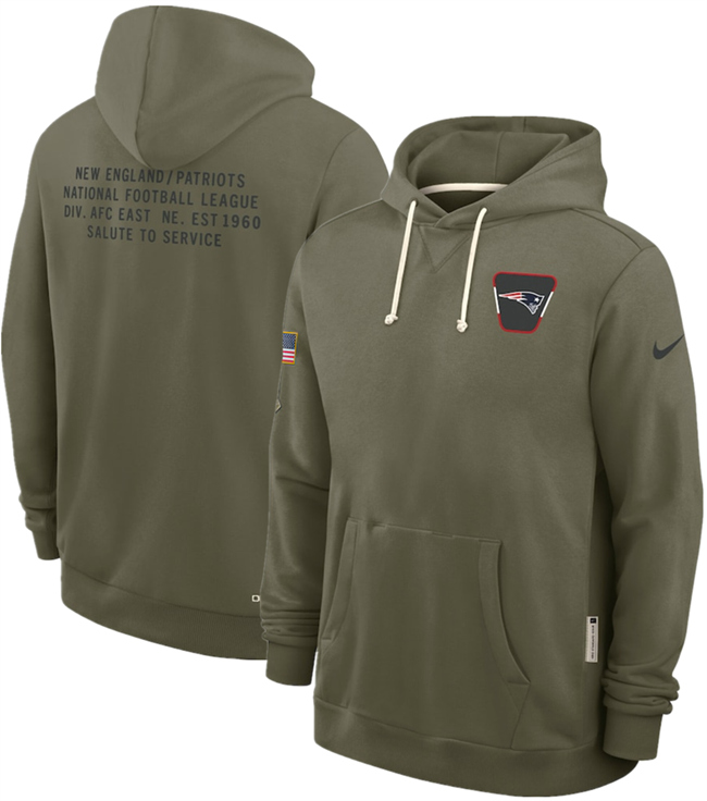 Personalized Men’s New England Patriots Olive 2025 Salute to Service Pullover Hoodie