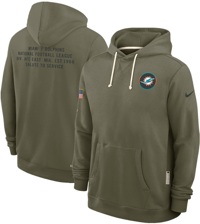 Personalized Men’s Miami Dolphins Olive 2025 Salute to Service Pullover Hoodie