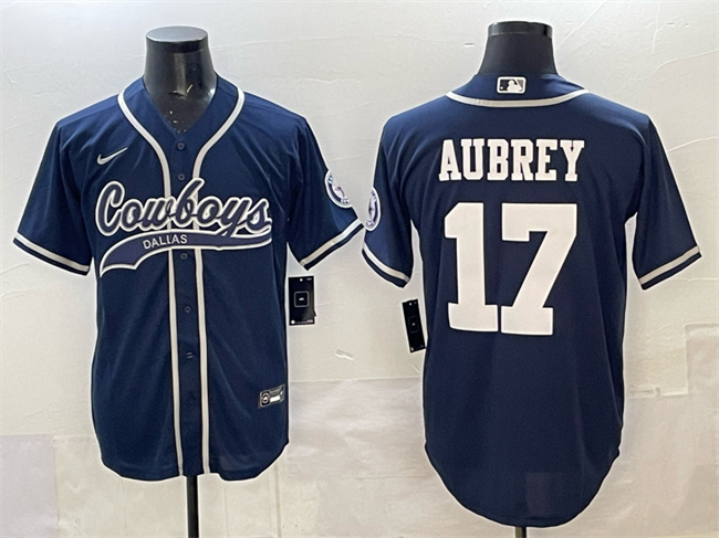 Personalized Men’s Dallas Cowboys #17 Brandon Aubrey Navy Cool Base Stitched Baseball Jersey