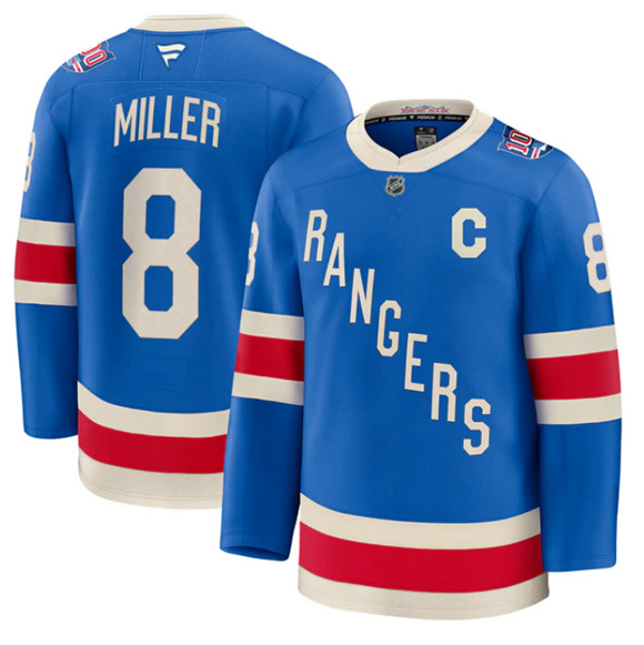 Personalized Men’s New York Rangers #8 JT Miller Blue Centennial With C Patch Stitched Hockey Jersey