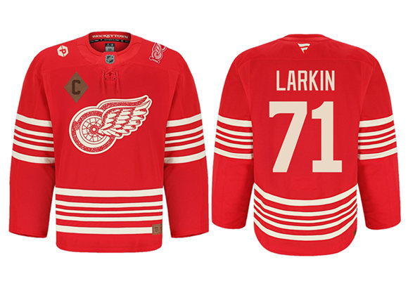 Personalized Men’s Detroit Red Wings #71 Dylan Larkin Red 2025 Centennial Premium With 100 and P Patch And C Patch Stitched Hockey Jersey