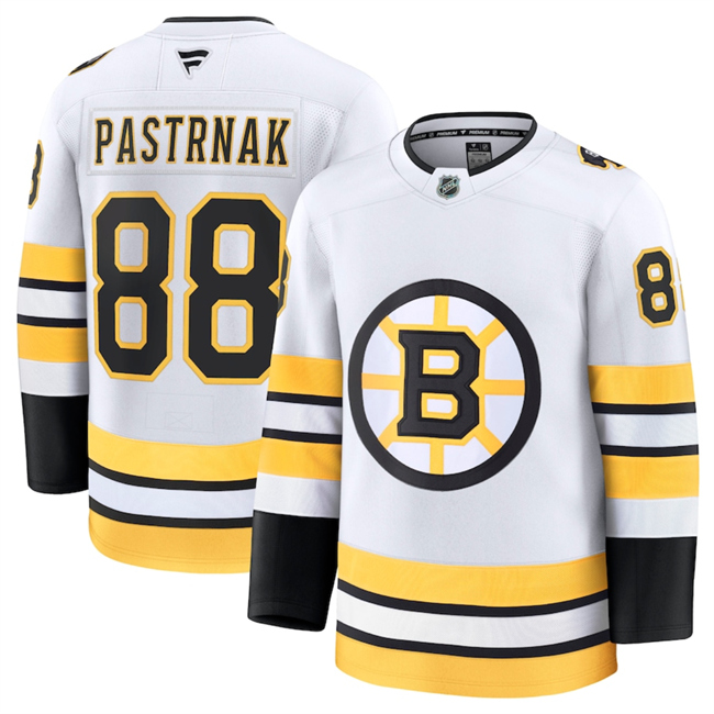 Personalized Men’s Boston Bruins #88 David Pastrnak White 2025 Away Stitched Hockey Jersey