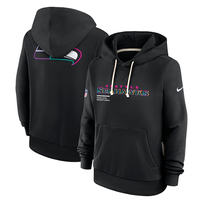 Personalized Women’s Seattle Seahawks Black 2025 Crucial Catch Club Pullover Hoodie(Run Small)