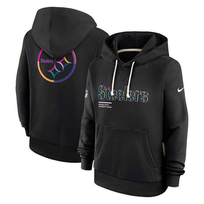 Personalized Women’s Pittsburgh Steelers Black 2025 Crucial Catch Club Pullover Hoodie(Run Small)