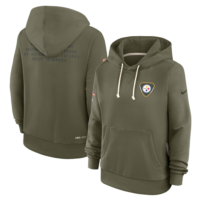 Personalized Women’s Pittsburgh Steelers Olive 2025 Salute to Service Sideline Standard Issue ebjerseys.com Dri-FIT Hoodie(Run Small)