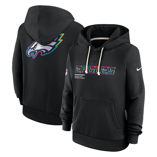 Personalized Women’s Philadelphia Eagles Black 2025 Crucial Catch Club Pullover Hoodie(Run Small)