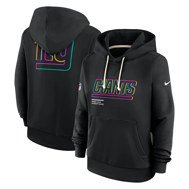 Personalized Women’s New York Giants Black 2025 Crucial Catch Club Pullover Hoodie(Run Small)