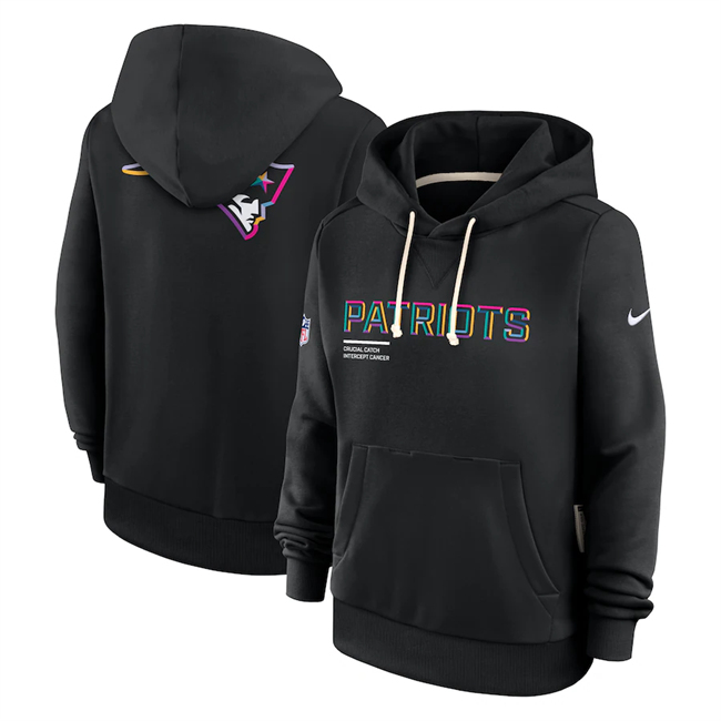 Personalized Women’s New England Patriots Black 2025 Crucial Catch Club Pullover Hoodie(Run Small)