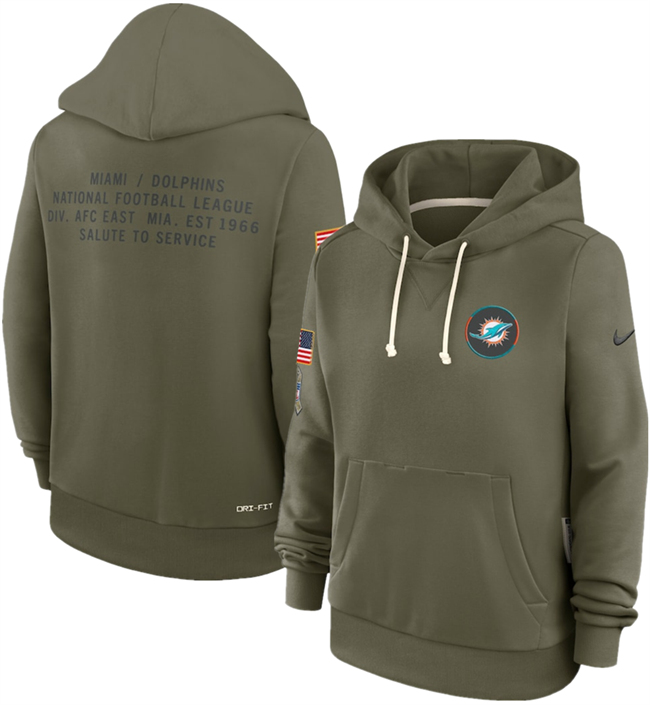 Personalized Women’s Miami Dolphins Olive 2025 Salute to Service Sideline Standard Issue Dri-FIT Hoodie(Run Small)