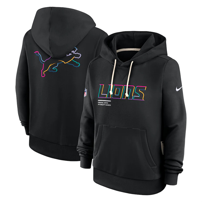 Personalized Women’s Detroit Lions Black 2025 Crucial Catch Club Pullover Hoodie(Run Small)