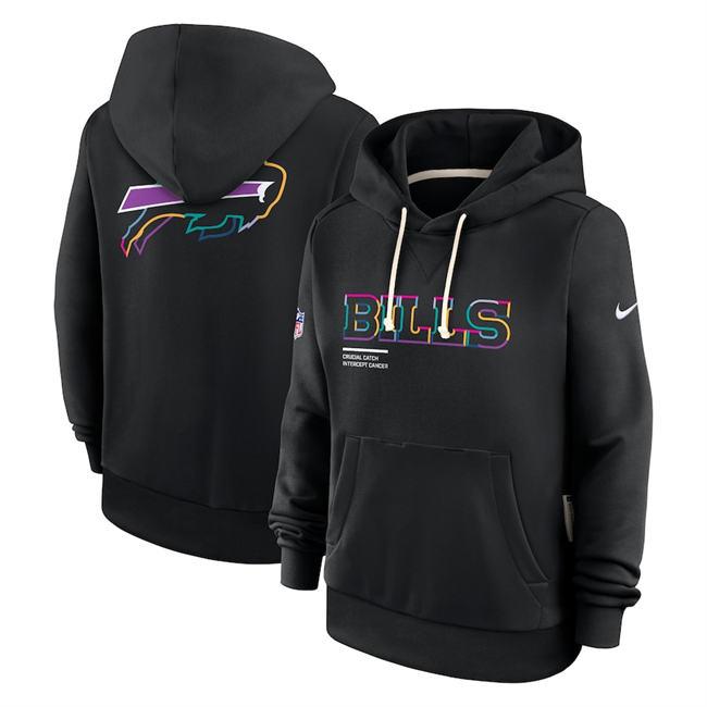 Personalized Women’s Buffalo Bills Black 2025 Crucial Catch Club Pullover Hoodie(Run Small)