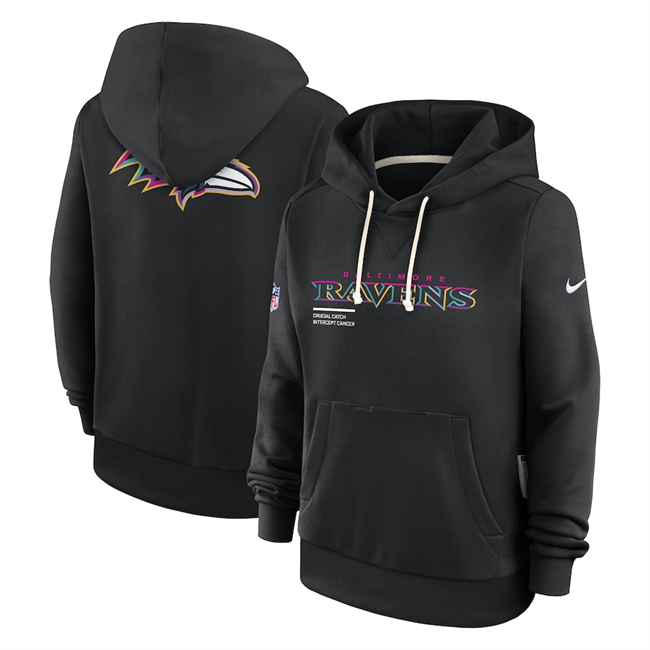 Personalized Women’s Baltimore Ravens Black 2025 Crucial Catch Club Pullover Hoodie(Run Small)