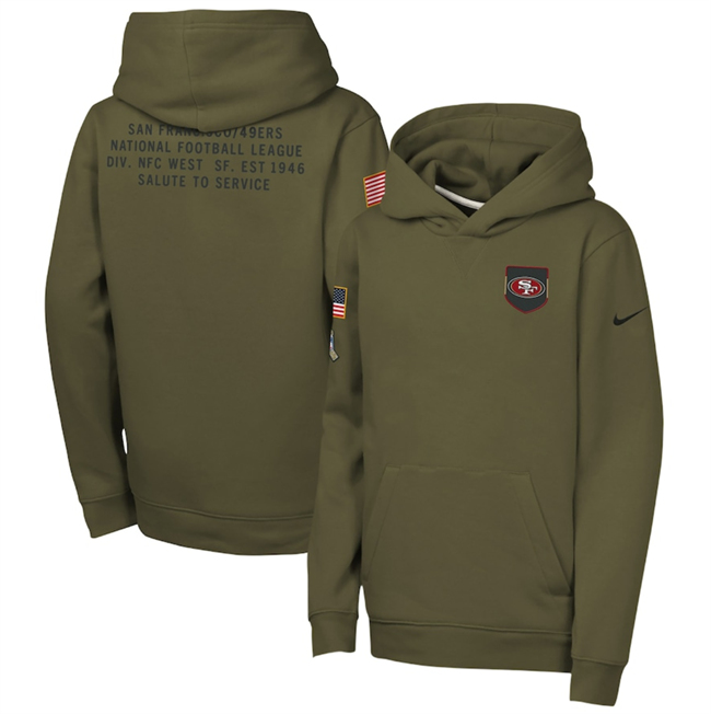 Personalized Youth San Francisco 49ers Olive 2025 Salute to Service Club Fleece Hoodie