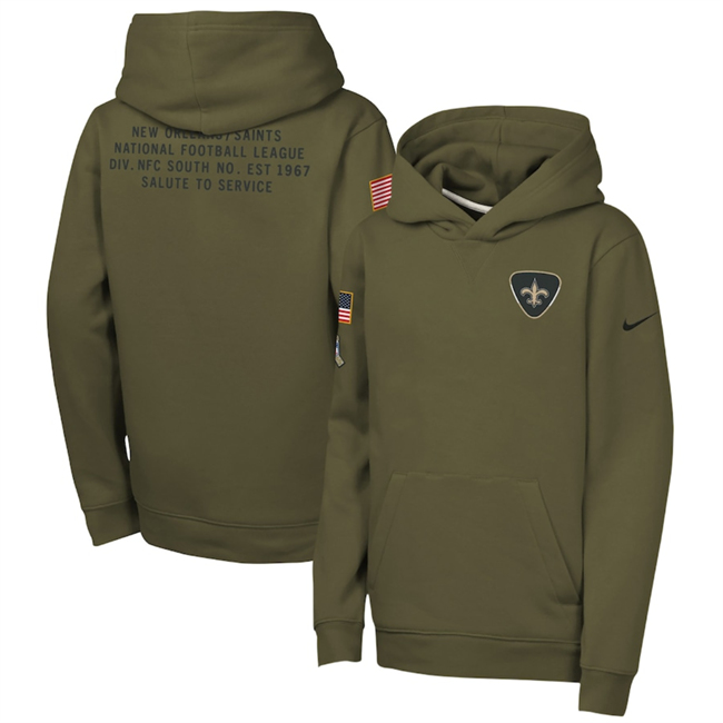 Personalized Youth New Orleans Saints Olive 2025 Salute to Service Club Fleece Hoodie