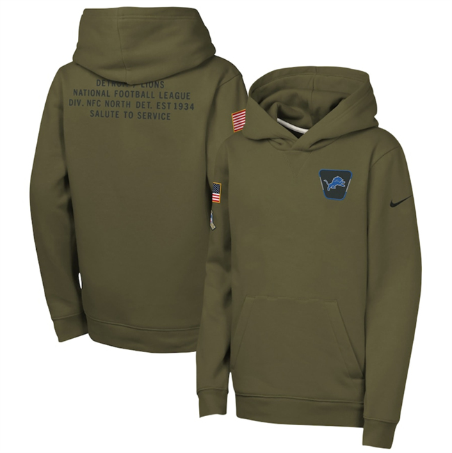 Personalized Youth Detroit Lions Olive 2025 Salute to Service Club Fleece Hoodie