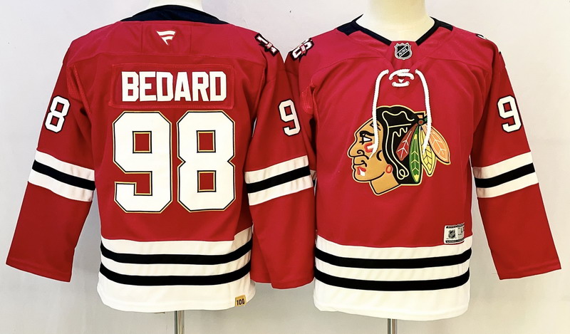 Personalized Youth Chicago Blackhawks #98 Connor Bedard Red 2025 Home 100th Anniversary Stitched Hockey Jersey