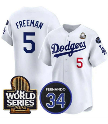 Personalized Men’s Los Angeles Dodgers #5 Freddie Freeman White 2024 World Series With Fernando Memorial Patch Limited Stitched Baseball Jersey