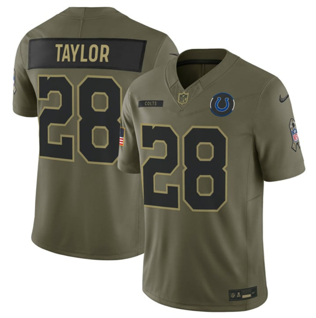 Personalized Men’s Indianapolis Colts #28 Jonathan Taylor Olive 2025 F.U.S.E. Salute to Service Limited Stitched Football Jersey