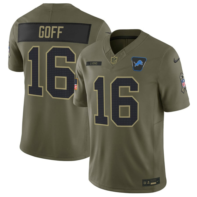 Personalized Men’s Detroit Lions #16 Jared Goff Olive 2025 F.U.S.E. Salute to Service Limited Stitched Football Jersey
