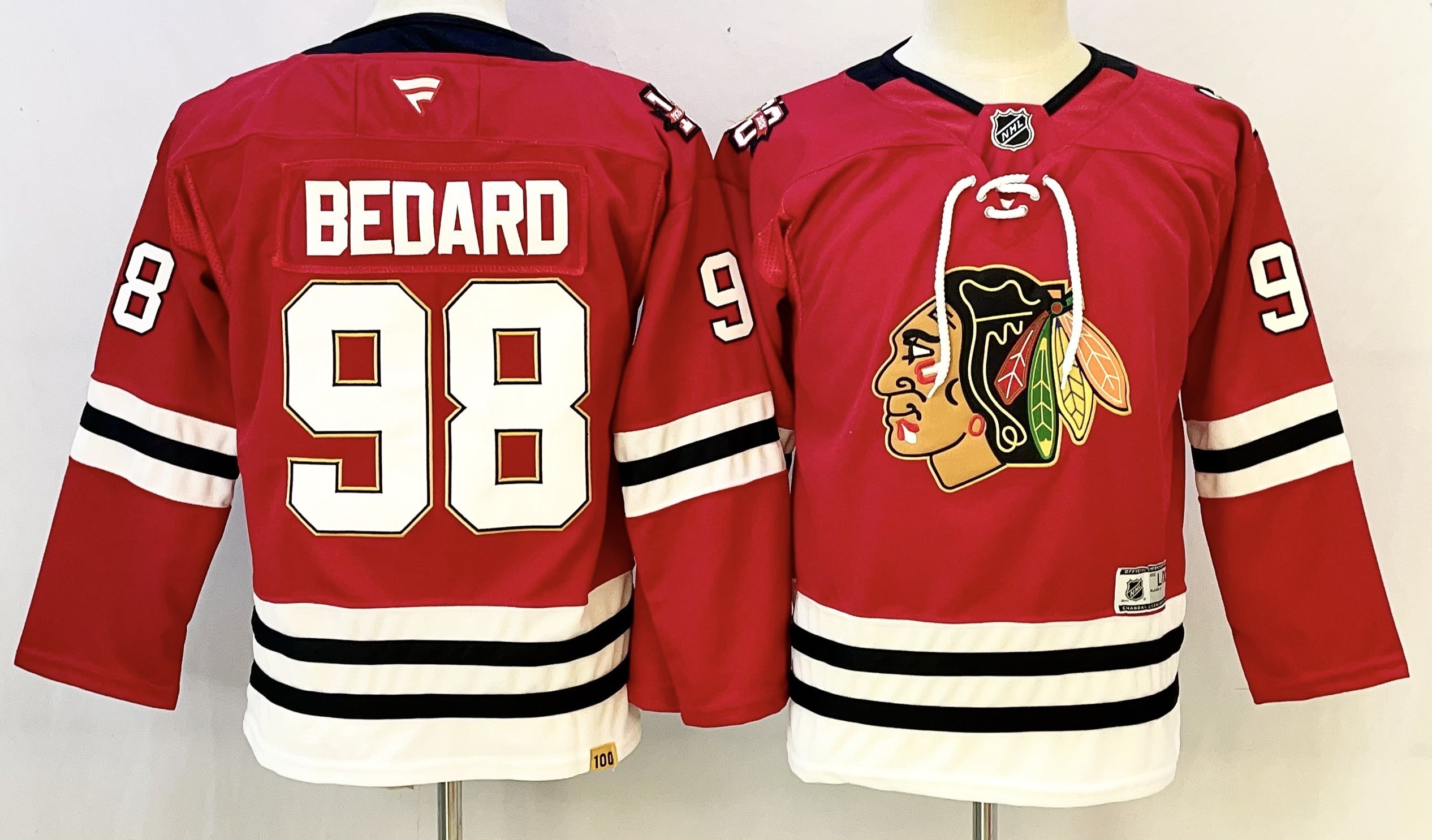 Personalized Youth Chicago Blackhawks #98 Connor Bedard Red 2025 Home 100th Anniversary Stitched Hockey Jersey