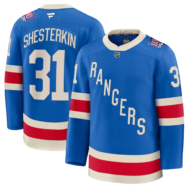 Personalized Men’s New York Rangers #31 Igor Shesterkin Blue Centennial Stitched Hockey Jersey