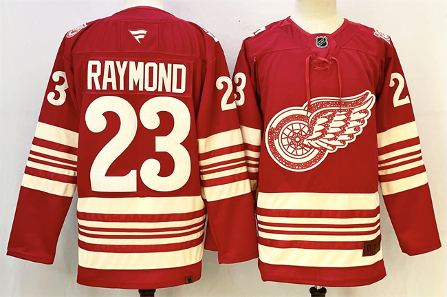 Personalized Men’s Detroit Red Wings #23 Lucas Raymond Red 2025-26 Centennial Premium Stitched Hockey Jersey