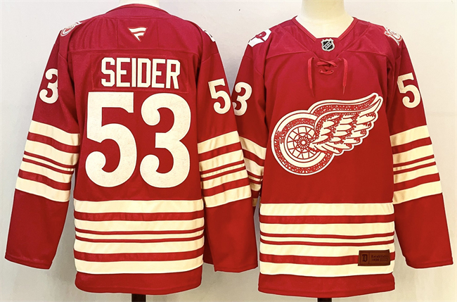 Personalized Men’s Detroit Red Wings #53 Moritz Seider Red 2025-26 Centennial Premium Stitched Hockey Jersey