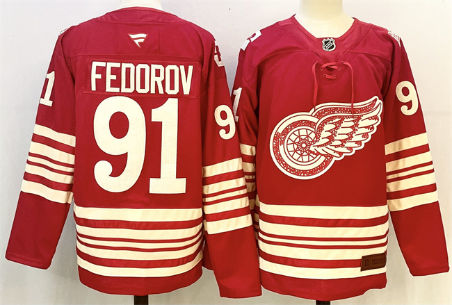 Personalized Men’s Detroit Red Wings #91 Sergei Fedorov Red 2025-26 Centennial Premium Stitched Hockey Jersey