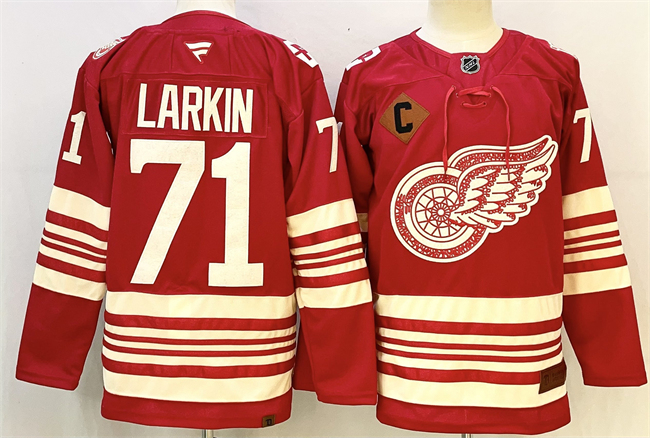 Personalized Men’s Detroit Red Wings #71 Dylan Larkin Red 2025-26 With C Patch Centennial Premium Stitched Hockey Jersey