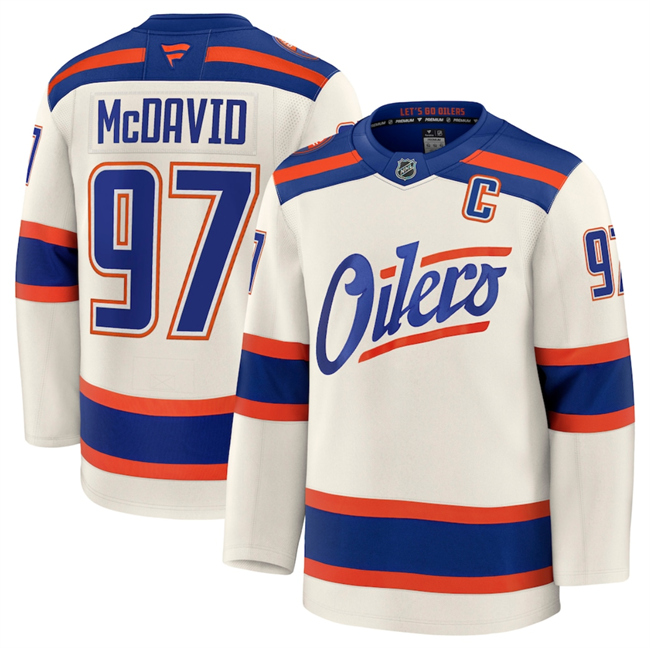 Personalized Men’s Edmonton Oilers #97 Connor McDavid Light Beige Alternate With C Patch Stitched Hockey Jersey