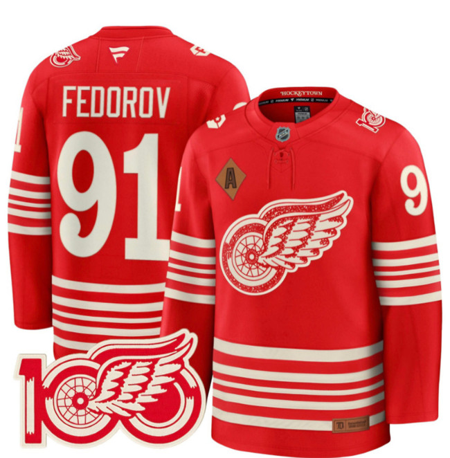 Personalized Men’s Detroit Red Wings #91 Sergei Fedorov Red 2025 Centennial Premium With 100 and P Patch And A Patch Stitched Hockey Jersey